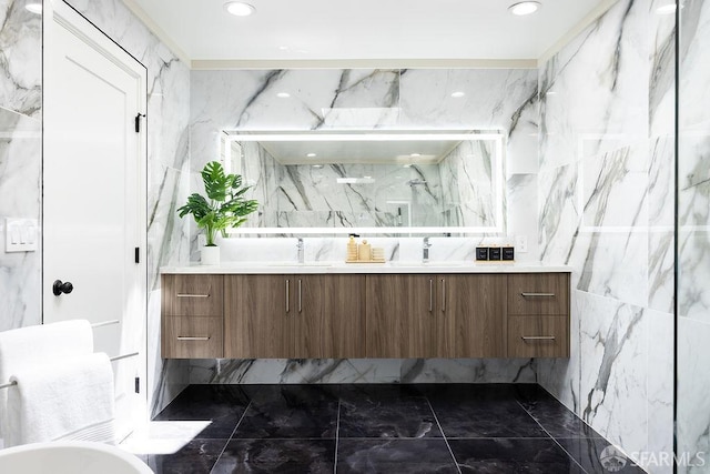 1098 Siler Pl, Berkeley, CA 94705 - bathroom with vanity, marble finish floors, tile walls, recessed lighting, and a marble finish shower