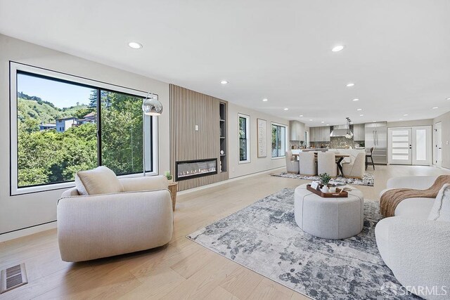 1098 Siler Pl, Berkeley, CA 94705 - living room with recessed lighting, plenty of natural light, a large fireplace, light wood-style flooring, and baseboards