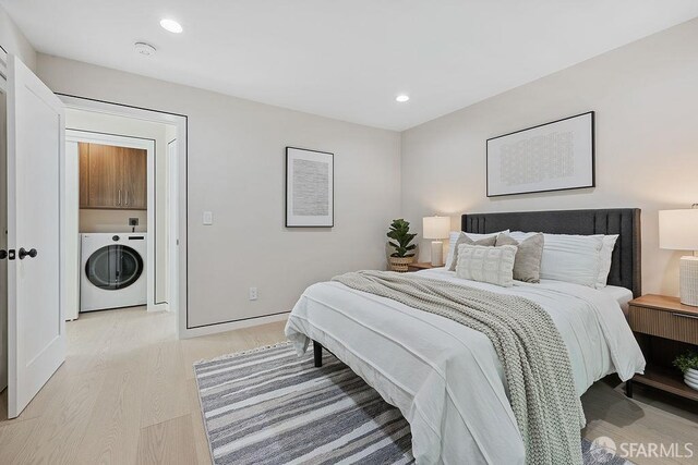 1098 Siler Pl, Berkeley, CA 94705 - bedroom with washer / dryer, light wood-style floors, and recessed lighting