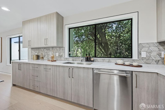 1098 Siler Pl, Berkeley, CA 94705 - kitchen featuring stainless steel dishwasher, a sink, backsplash, modern cabinets, and light brown cabinetry