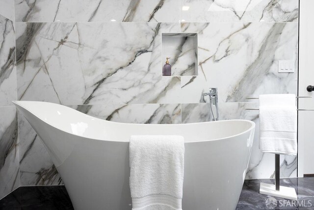 1098 Siler Pl, Berkeley, CA 94705 - full bath featuring tile walls, marble tiled flooring, and a soaking tub