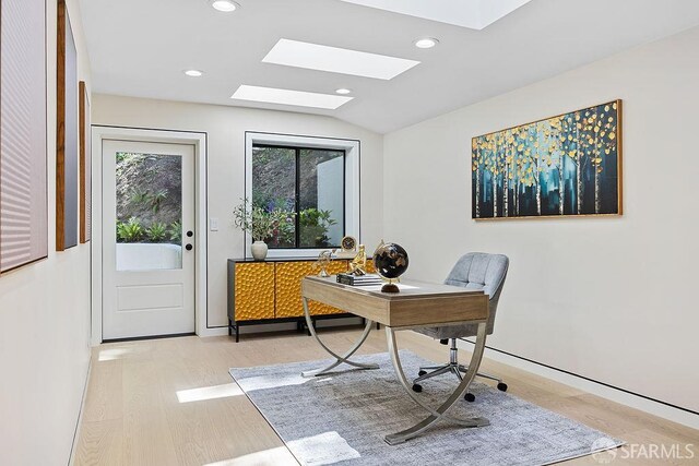 1098 Siler Pl, Berkeley, CA 94705 - office area featuring a skylight, lofted ceiling, wood finished floors, and recessed lighting