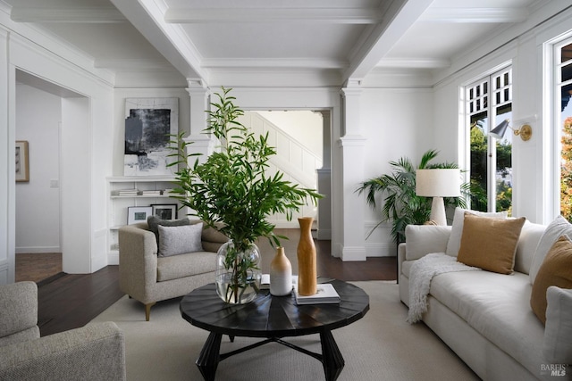 93 San Carlos Ave, Sausalito, CA 94965 - living room with wood finished floors, coffered ceiling, beam ceiling, decorative columns, and a glass covered fireplace