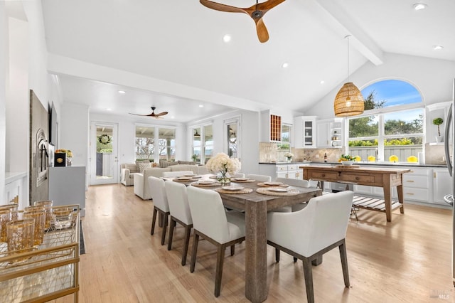 1316 Sulphur Springs Ave, Saint Helena, CA 94574 - dining space with beam ceiling, high vaulted ceiling, light wood-style floors, and ceiling fan