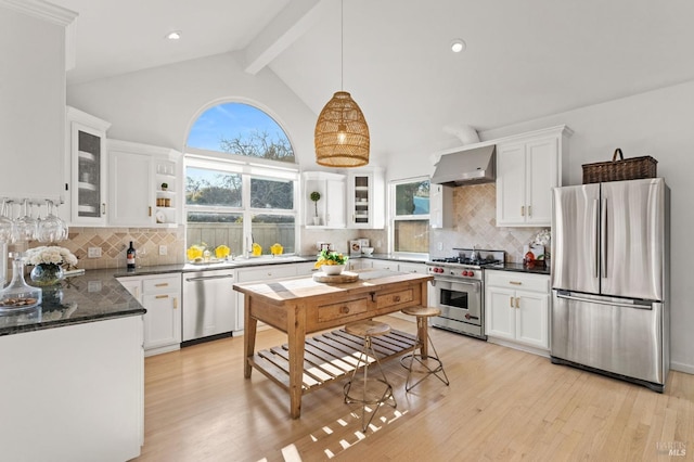 1316 Sulphur Springs Ave, Saint Helena, CA 94574 - kitchen with light wood-type flooring, appliances with stainless steel finishes, wall chimney exhaust hood, and white cabinets