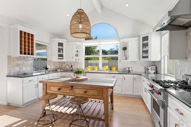 1316 Sulphur Springs Ave, Saint Helena, CA 94574 - kitchen featuring beamed ceiling, high end stove, light wood-style flooring, and wall chimney range hood