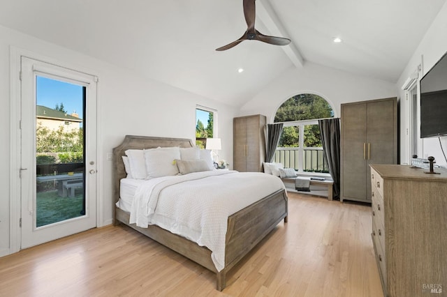 1316 Sulphur Springs Ave, Saint Helena, CA 94574 - bedroom with a ceiling fan, vaulted ceiling with beams, recessed lighting, light wood-style floors, and access to outside