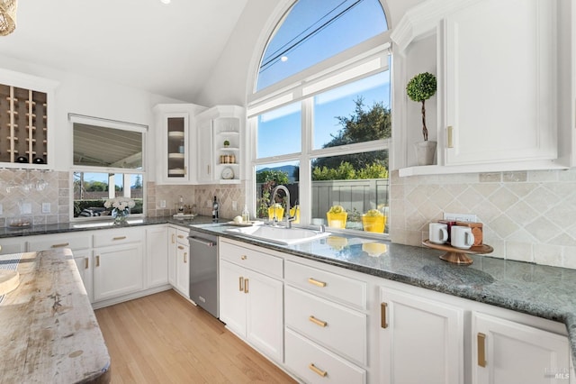 1316 Sulphur Springs Ave, Saint Helena, CA 94574 - kitchen featuring light wood finished floors, white cabinetry, a sink, vaulted ceiling, and dishwasher