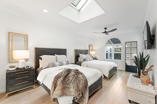 1316 Sulphur Springs Ave, Saint Helena, CA 94574 - bedroom featuring ornamental molding, a ceiling fan, recessed lighting, light wood-style floors, and a skylight