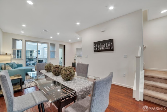 2702 Urbino Ct, San Jose, CA 95111 - dining space with wood finished floors, recessed lighting, stairway, and baseboards