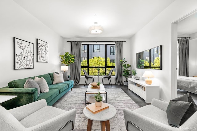 living room with dark hardwood / wood-style flooring