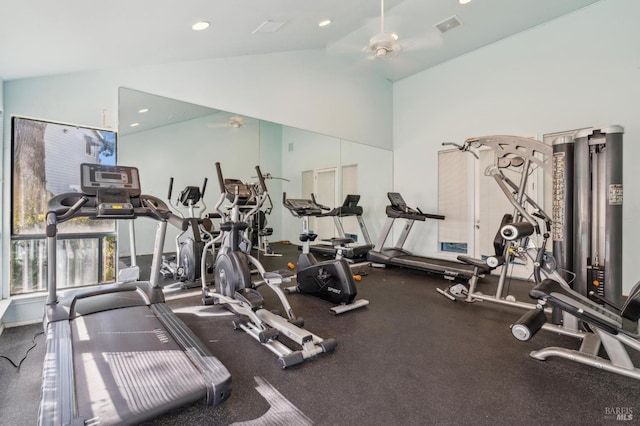 1201 Glen Cove Pkwy Unit 514, Vallejo, CA 94591 - exercise room featuring a ceiling fan, high vaulted ceiling, and recessed lighting