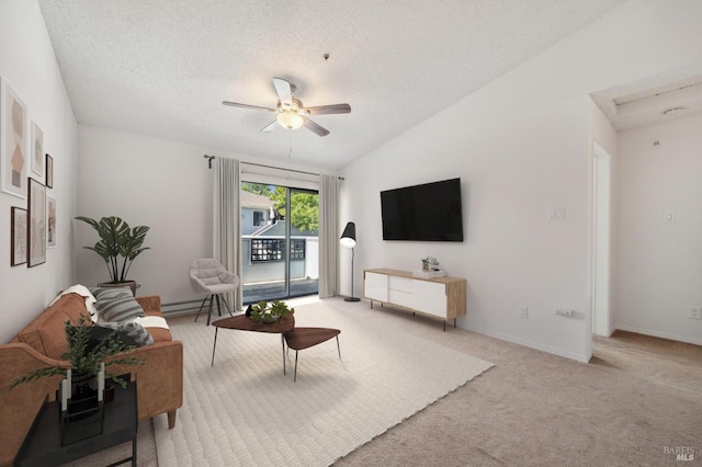1201 Glen Cove Pkwy Unit 514, Vallejo, CA 94591 - living room featuring ceiling fan, carpet flooring, a textured ceiling, vaulted ceiling, and baseboard heating
