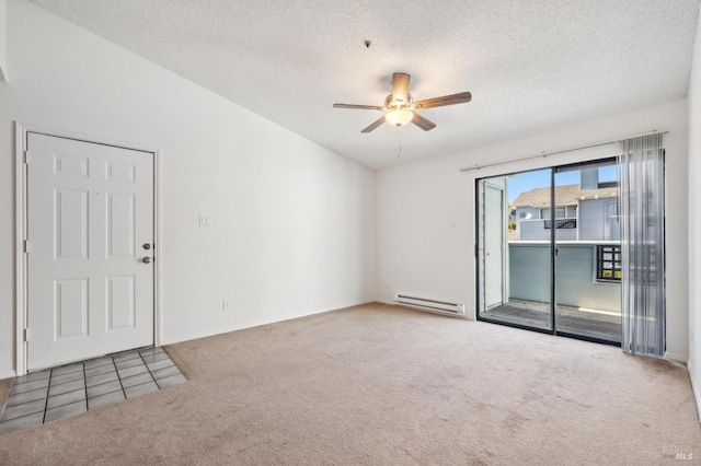 1201 Glen Cove Pkwy Unit 514, Vallejo, CA 94591 - tiled empty room with baseboard heating, carpet, ceiling fan, a textured ceiling, and baseboards