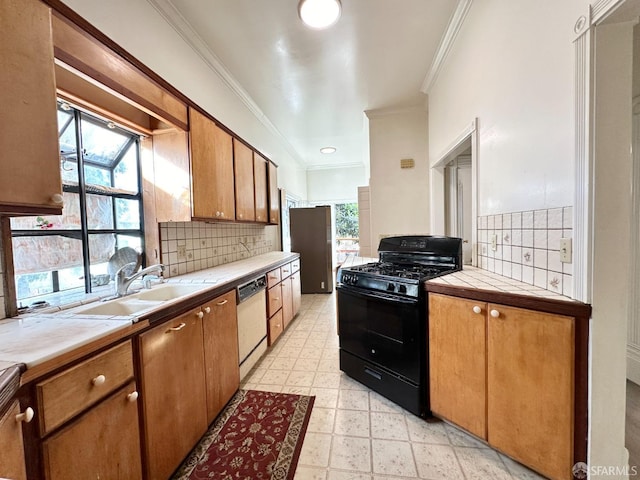 kitchen featuring tile countertops, light floors, tasteful backsplash, white dishwasher, and black gas stove