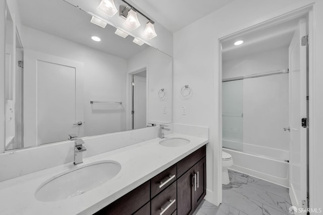 8534 Jetty Way, Newark, CA 94560 - bathroom with toilet, double vanity, marble look tile flooring, recessed lighting, and bathing tub / shower combination