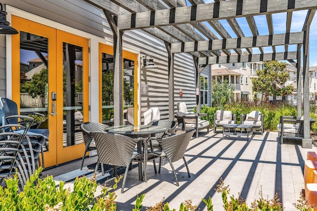 8534 Jetty Way, Newark, CA 94560 - view of patio with french doors, a pergola, outdoor lounge area, and outdoor dining area