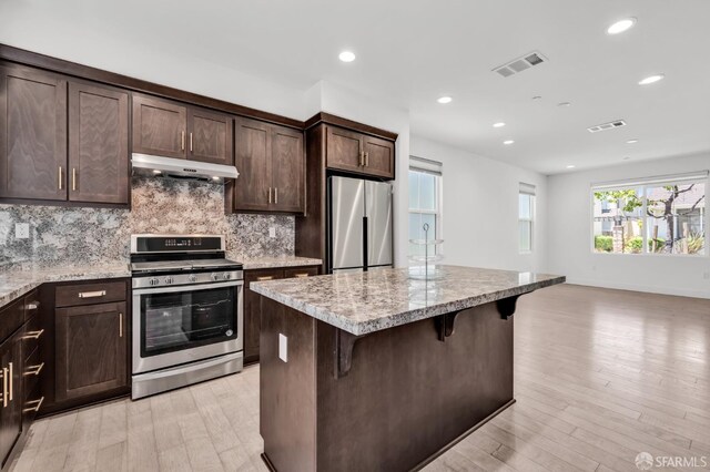 8534 Jetty Way, Newark, CA 94560 - kitchen with stainless steel appliances, under cabinet range hood, dark brown cabinetry, backsplash, and light wood-style floors