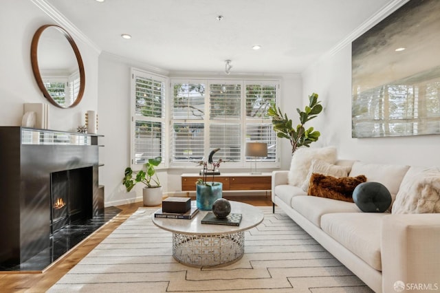 living area with wood finished floors, baseboards, a fireplace, recessed lighting, and ornamental molding