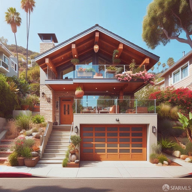 contemporary home featuring a balcony and a garage