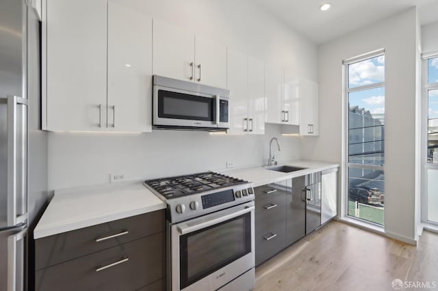 kitchen with sink, white cabinetry, dark brown cabinets, appliances with stainless steel finishes, and light hardwood / wood-style floors