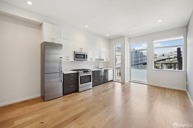 kitchen with white cabinetry, stainless steel appliances, light hardwood / wood-style floors, and sink