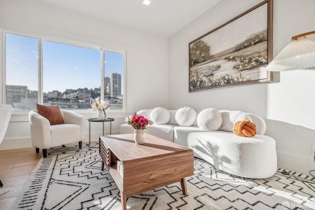 living area with a city view and wood finished floors