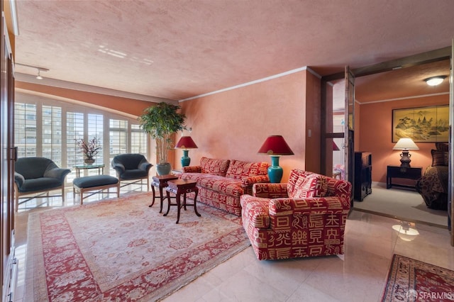 living area with a textured ceiling and ornamental molding