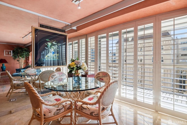 tiled dining room featuring track lighting