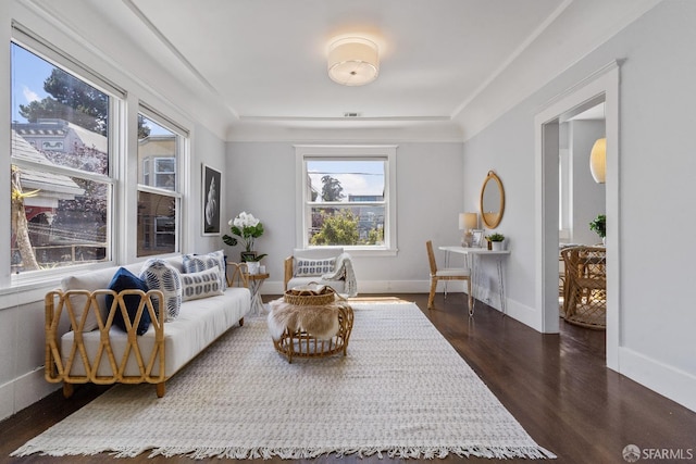 living area with dark hardwood / wood-style floors