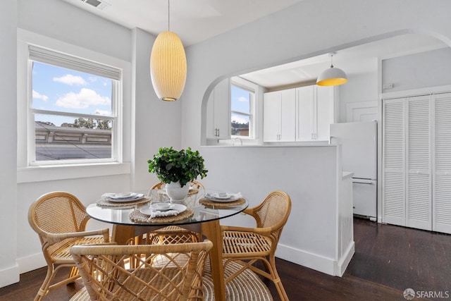 dining space with dark hardwood / wood-style floors and a wealth of natural light