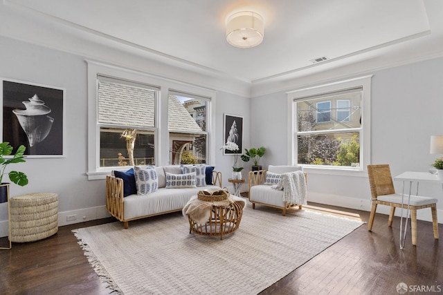 interior space featuring dark hardwood / wood-style flooring and a raised ceiling