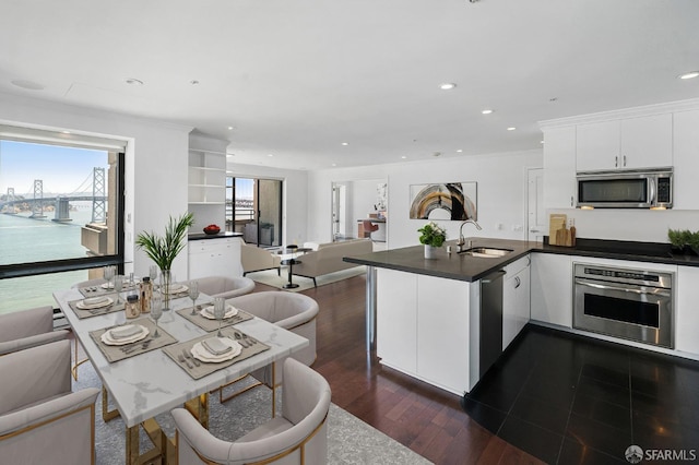 kitchen with appliances with stainless steel finishes, a water view, dark wood-type flooring, white cabinets, and sink