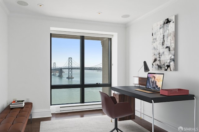 office with crown molding, a water view, dark hardwood / wood-style flooring, and a baseboard heating unit