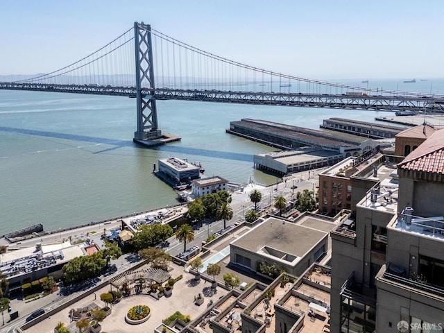 birds eye view of property featuring a water view