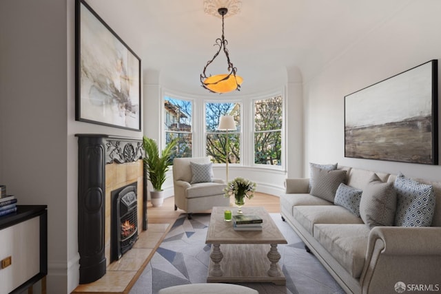 living room featuring a fireplace