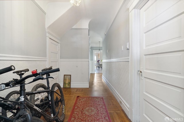 interior space with dark parquet flooring