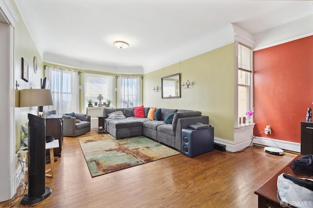 living room with baseboard heating and hardwood / wood-style flooring