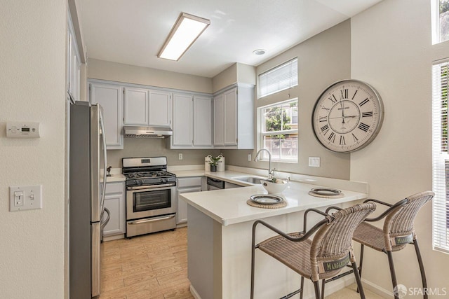3587 Fitzsimmons Cmn, Fremont, CA 94538 - kitchen featuring appliances with stainless steel finishes, under cabinet range hood, a peninsula, light countertops, and light wood-style floors