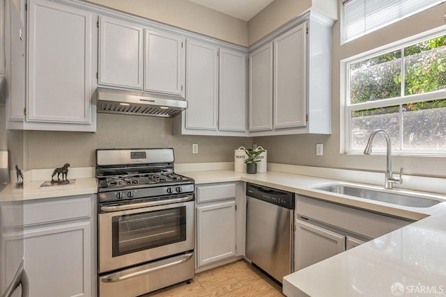 3587 Fitzsimmons Cmn, Fremont, CA 94538 - kitchen with appliances with stainless steel finishes, under cabinet range hood, light countertops, and light wood finished floors