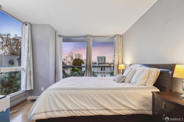 bedroom featuring light hardwood / wood-style flooring, multiple windows, and a baseboard heating unit