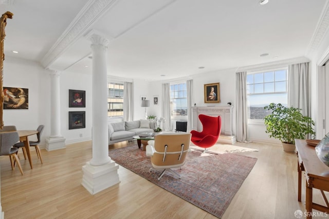 living room featuring plenty of natural light, decorative columns, and light wood-type flooring