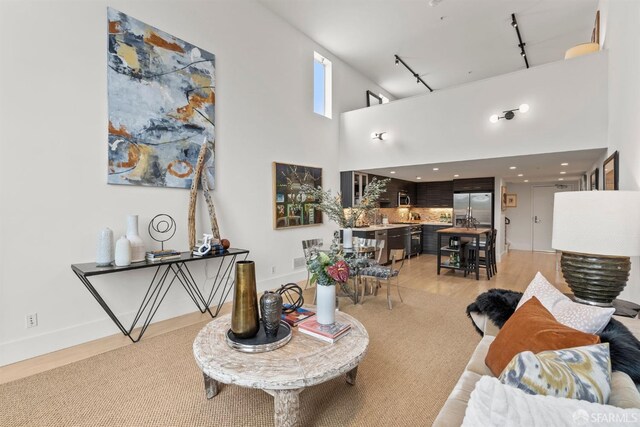 1207 Indiana St Unit 10, San Francisco, CA 94107 - living room featuring light carpet, track lighting, a towering ceiling, and baseboards