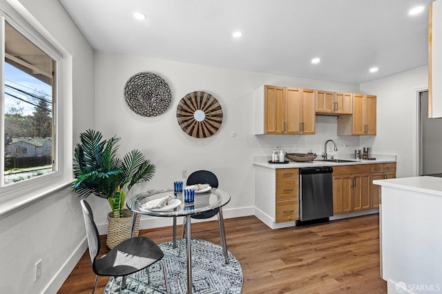 kitchen featuring stainless steel dishwasher, sink, and hardwood / wood-style floors