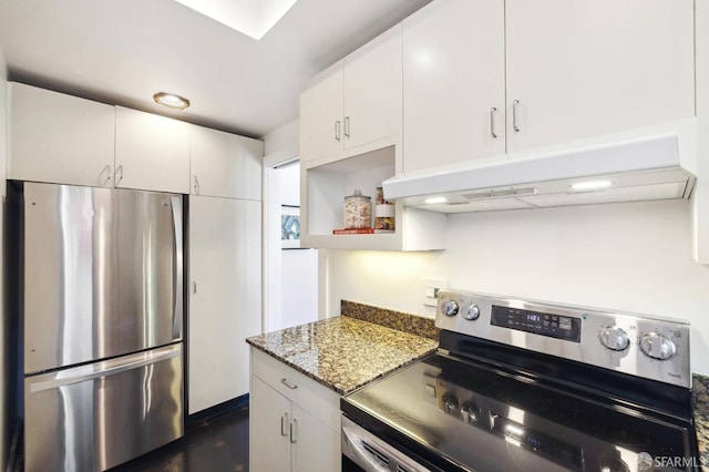 kitchen featuring open shelves, stainless steel appliances, stone countertops, white cabinets, and under cabinet range hood