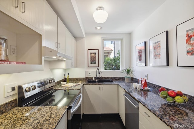 kitchen featuring appliances with stainless steel finishes, a sink, under cabinet range hood, and dark stone countertops