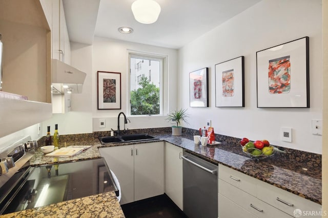 kitchen featuring dark stone counters, stainless steel dishwasher, white cabinetry, a sink, and range with electric stovetop