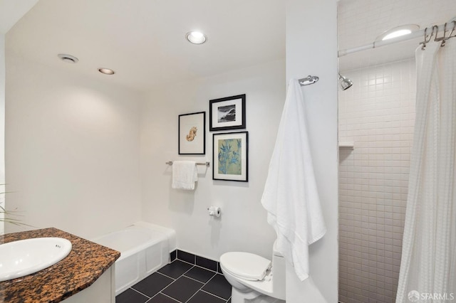 bathroom with recessed lighting, tiled shower, toilet, and tile patterned floors