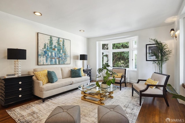 living room featuring baseboards, wood finished floors, and recessed lighting