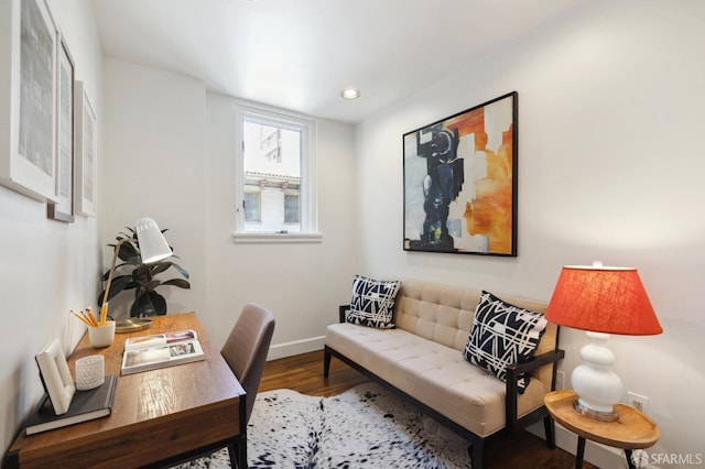 home office with recessed lighting, wood finished floors, and baseboards